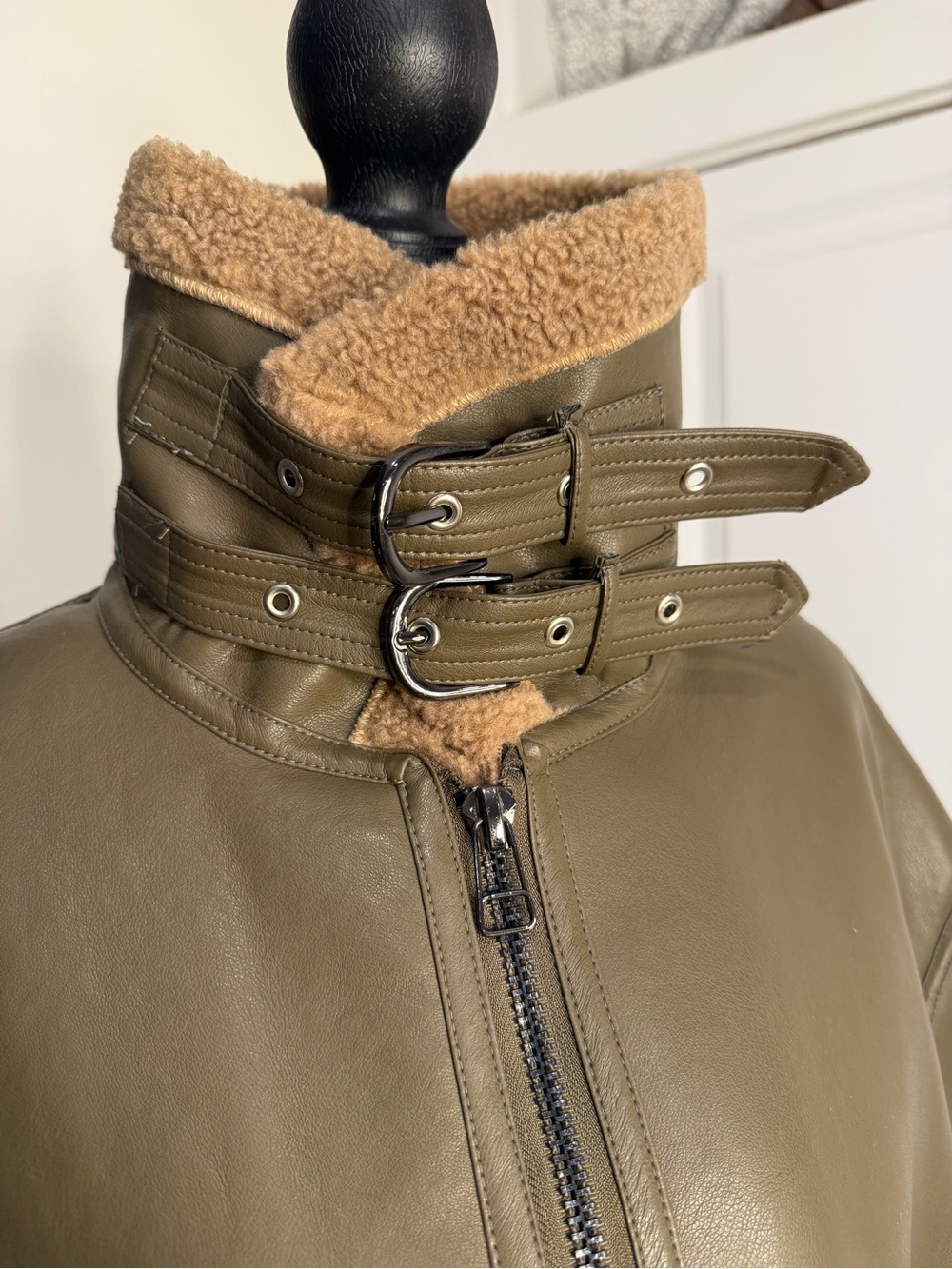 Olive Green Faux-Shearling Collar Leather Jacket